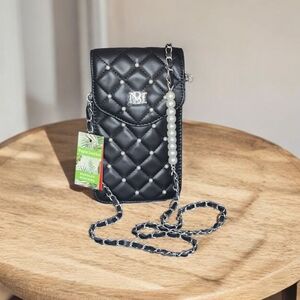 Badgley Mischka Pearls Phone Case Black Quilted Vegan Leather Crossbody Bag